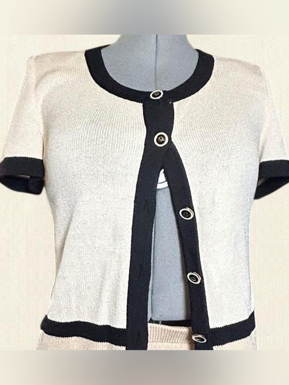 St. John’s Cream and Black Short-Sleeve Knit Cardigan Sweater and skirt set